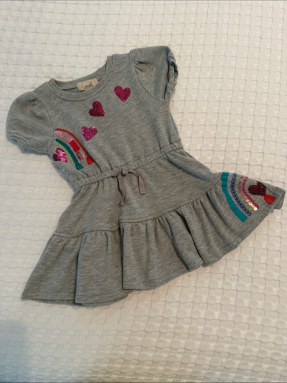 Peek Gray Knit Dress with Pink Sequin Hearts & Multicolor Rainbows